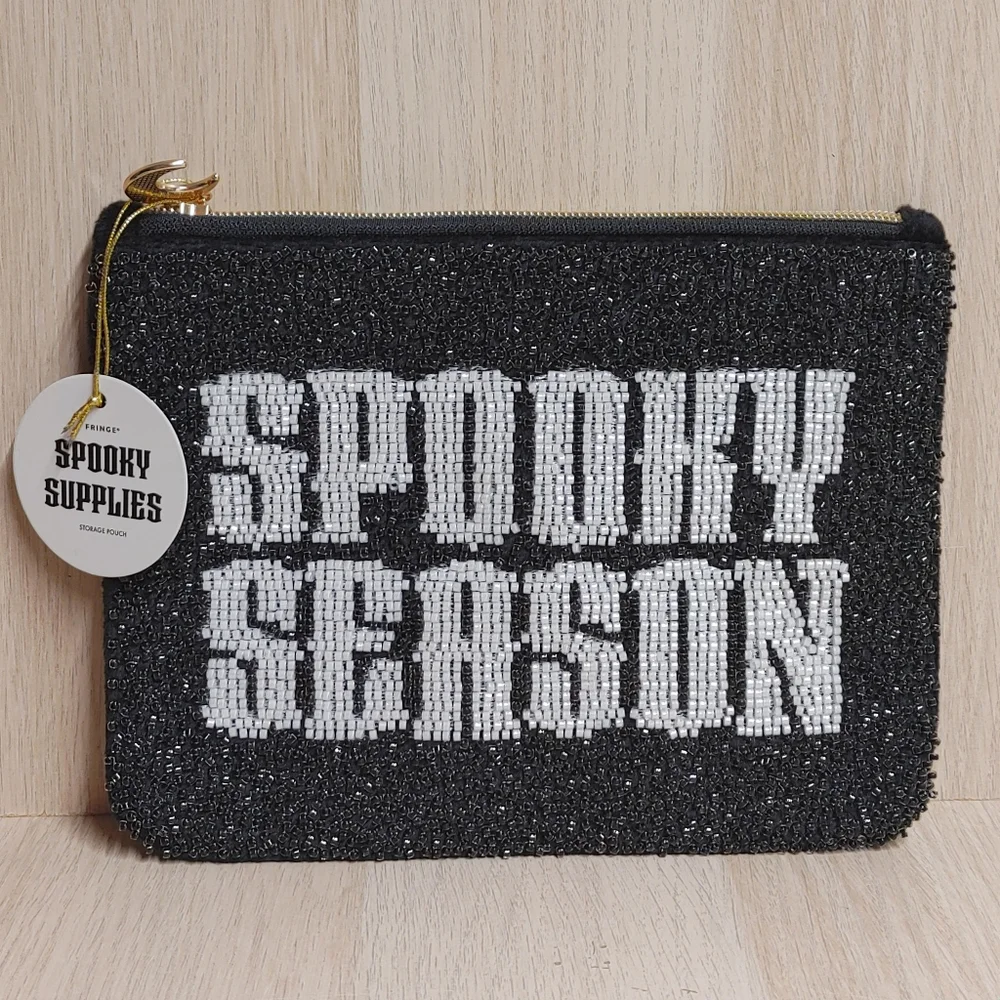 Spooky Season Beaded Halloween Pouch Clutch Black 6 1/4